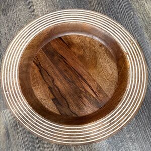 Kirklands Brown and White Striped Wooden Bowl